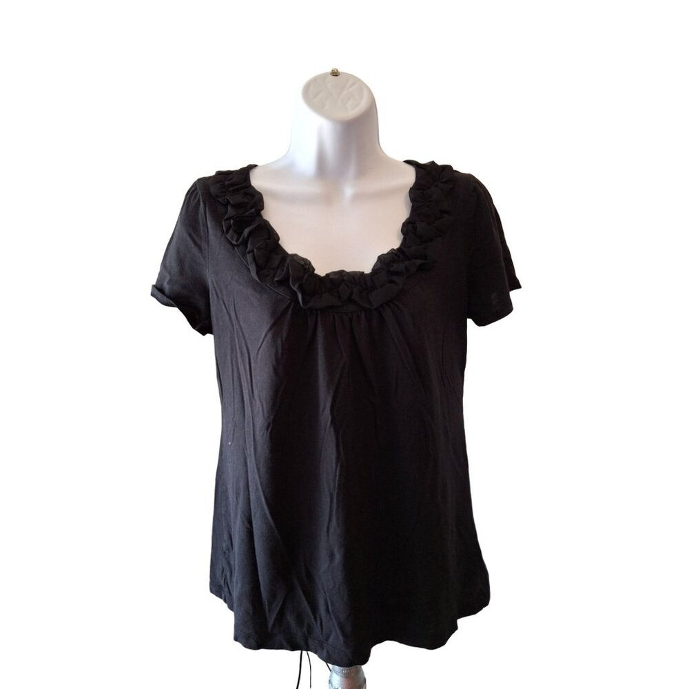 Ann Taylor Loft Top M Black Ruffled Scoop Neck Short Sleeve Goth Classiccore